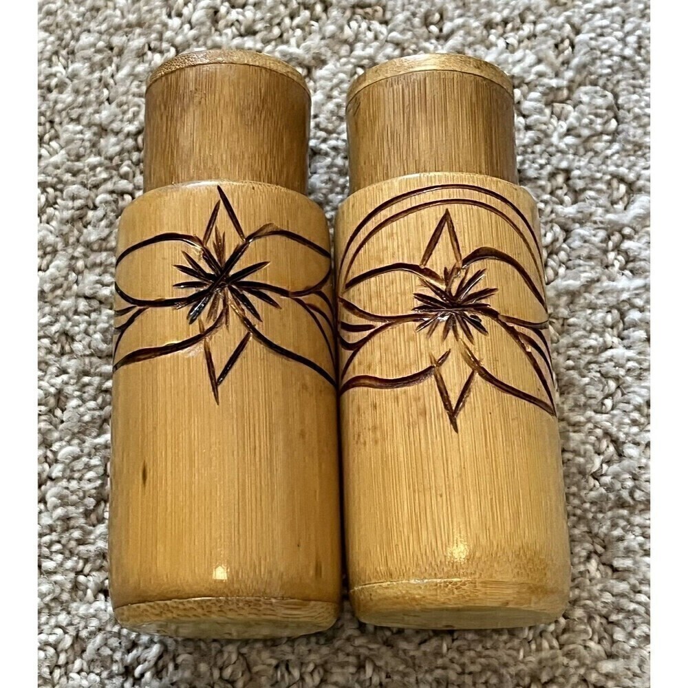 Hibiscus Atomic Wooden Salt & Pepper Shakers Mid Century Teak? Hawaiian